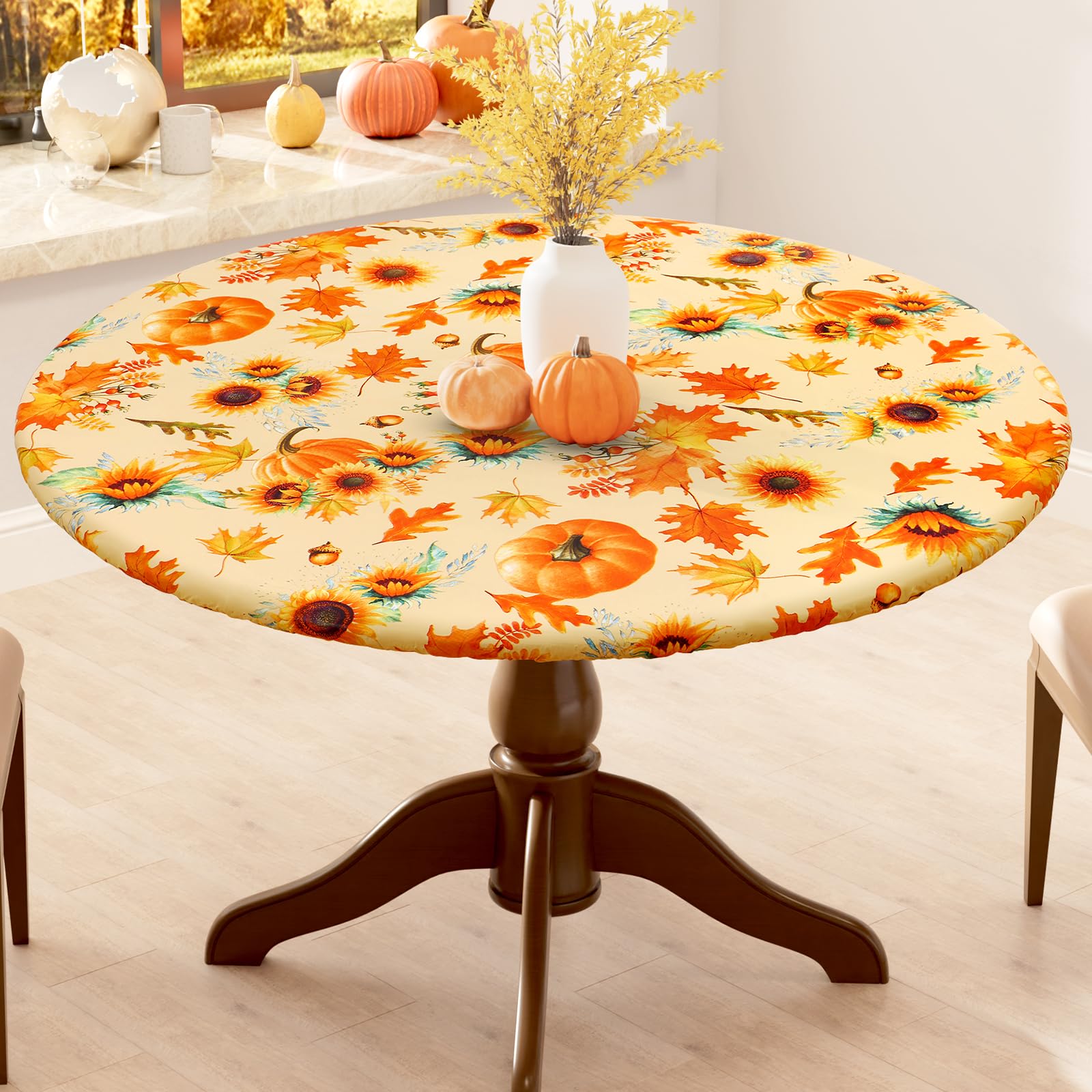 Photo 1 of Smiry Plastic Thanksgiving Tablecloth, Fall Sunflower & Pumpkin Wipeable Flannel Backed Vinyl Tablecloths for 45" - 56" Tables, Waterproof Elastic Fitted Table Covers for Autumn Harvest, Parties, Gold