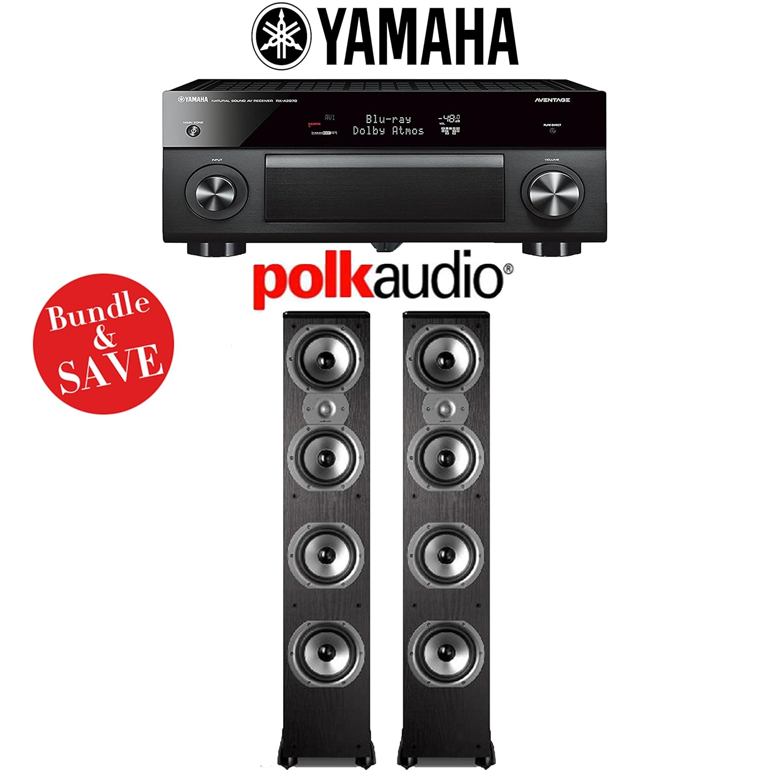 Yamaha AVENTAGE RX-A2070BL 9.2-Ch 4K Network AV Receiver + (1) Pair of Polk Audio TSi 500 Floorstanding Loudspeakers - Bundle