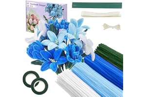 SUZURANA 400 Pcs Pipe Cleaners Craft,4 Assorted Colors Pipe Cleaners Bulk, Chenille Stems for DIY Flower Making Kit with Floral Wires, Gardening Tape,Stamen& Ribbon (Blue)