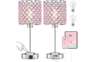 GYROVU Crystal Table Lamp, Bedside Crystal Lamp 3-Way Dimmable Touch Nightstand Lamp with USB-C+A Charging Ports Pink Night Lights Decorative Accent Lamp for Bedroom, Living Room, Office, Girls Room