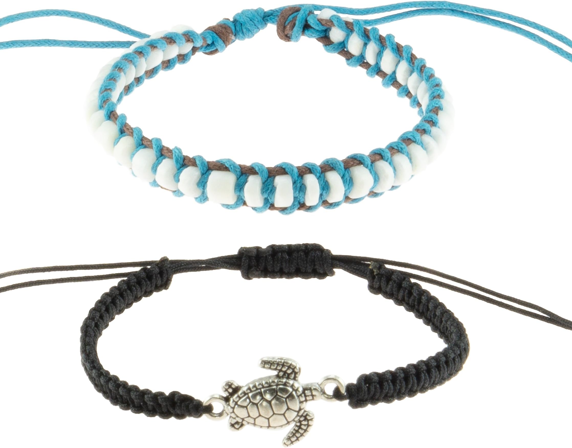BlueRica 2 Piece Adjustable Bracelet Set ~ Macrame Sea Turtle Bracelet & Puka Shell Beads Bracelet