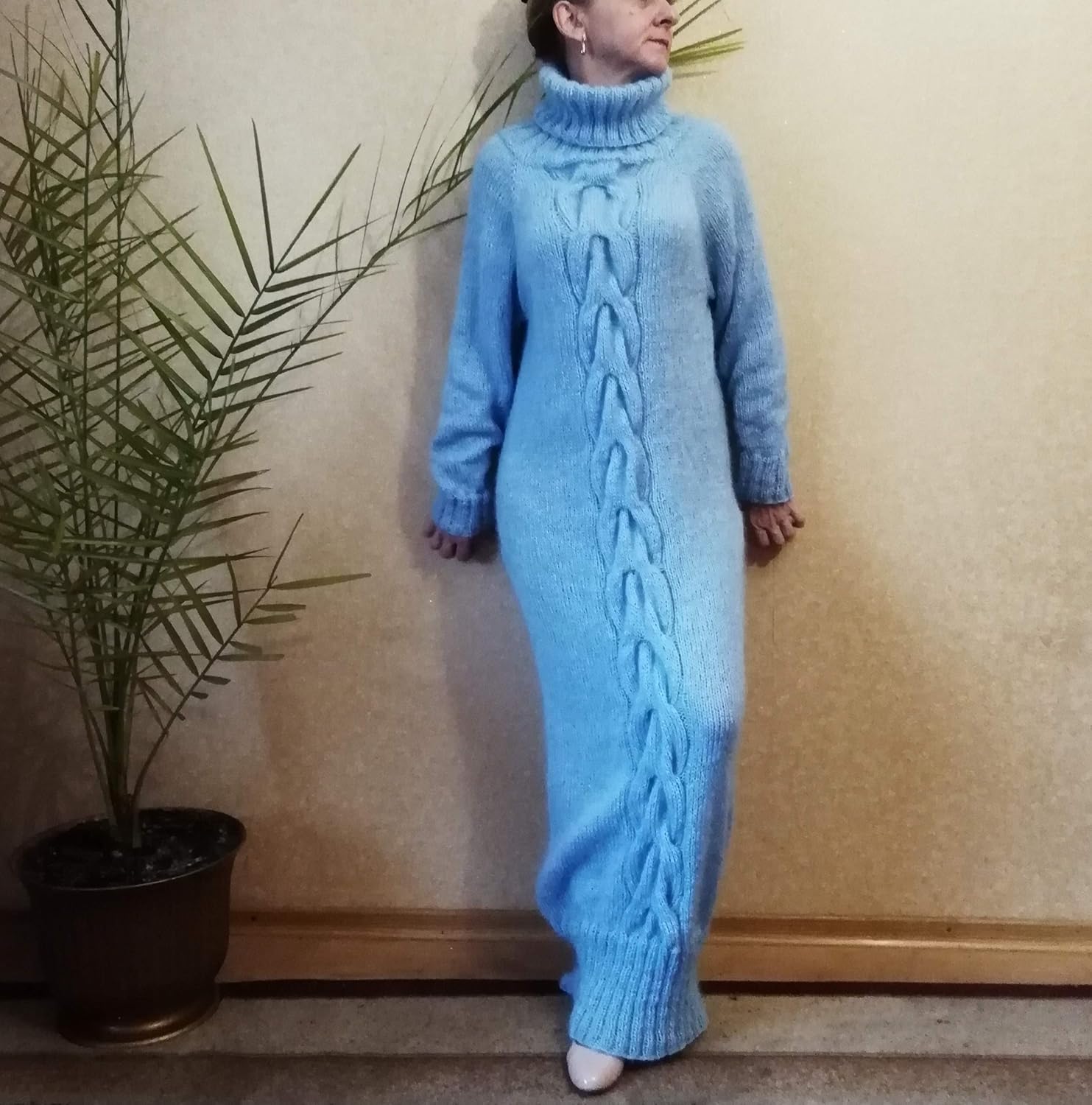 light blue turtleneck dress