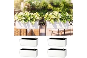 LaLaGreen Balcony Flower Boxes Over the Rail (16 Inch, 4 Pack) White Rectangular Self-Watering Railing Planters with Metal Br