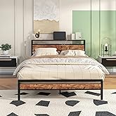 HOJINLINERO Queen Bed Frame with Storage Headboard/Charging Station,Metal Queen Size Bed Frame with Power Outlets/USB Ports No Box Spring Needed,Under Bed Storage,Easy Assembly,Rustic Brown