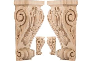 3 inch-W 2 inch-D 6 inch-H Wood Carved Corbels, TCHOSUZ 4 -Pack Antique Traditional Unfinished Wooden Carving DIY Decorative Scrolled Millwork Brackets for Countertop Kitchen Fireplace Mantel