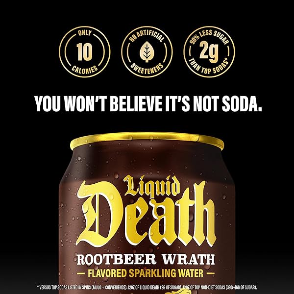 LIQUID DEATH SODA-FLAVORED SPARKLING WATER – ROOTBEER WRATH, LESS SUGAR*, HUGE FLAVOR, NO CAFFEINE, NO ARTIFICIAL SWEETENERS, 12 FL OZ (PACK OF 12)