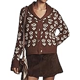 MINSURE Women Floral Cropped Cardigan Sweaters Shawl Collar Long Sleeve Button Down Knit Jacket Flower Print Knitwear