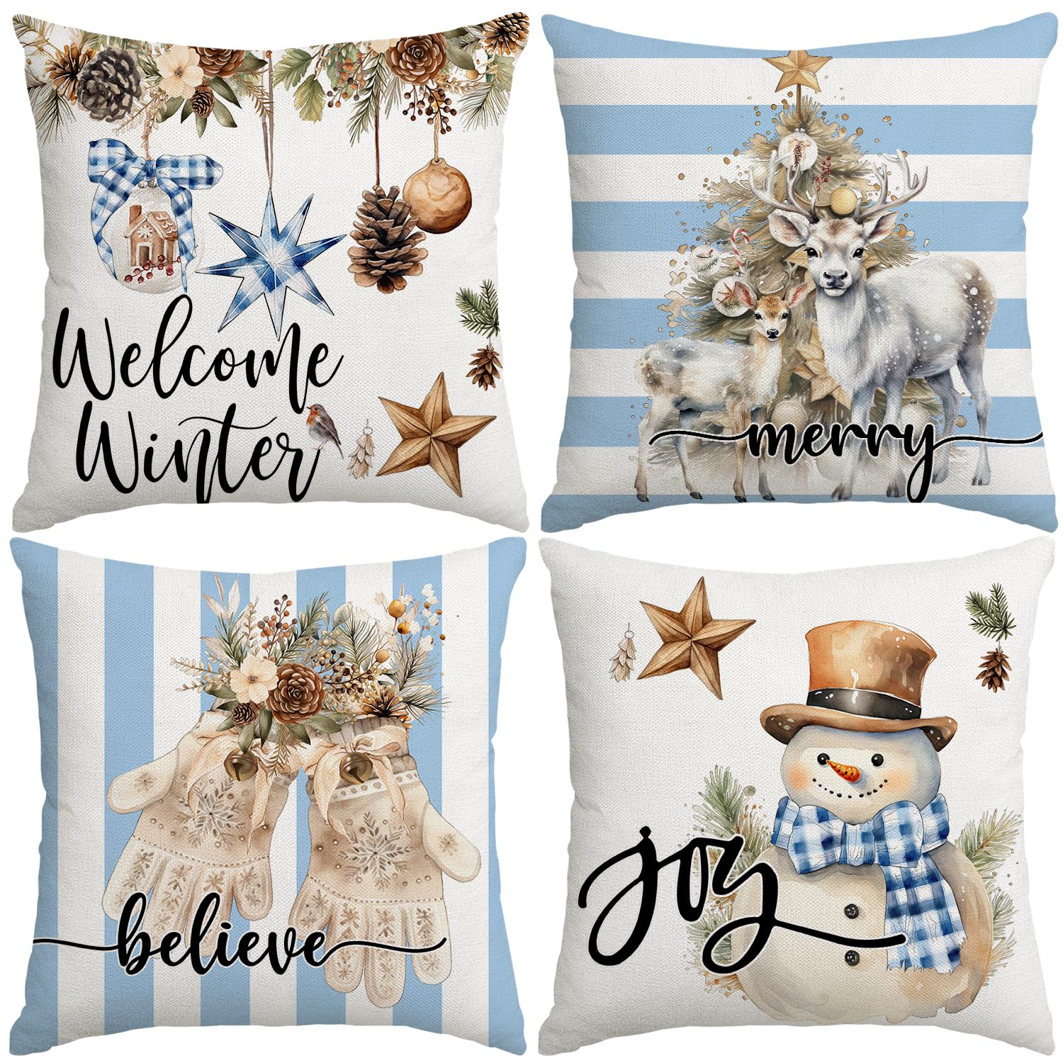Miaikoe Christmas Cushion Covers 40x40 cm Set of 4 Snowman Gloves Welcome Winter Blue White Strip Christmas Throw Pillow Covers Winter Farmhouse Decoration for Home