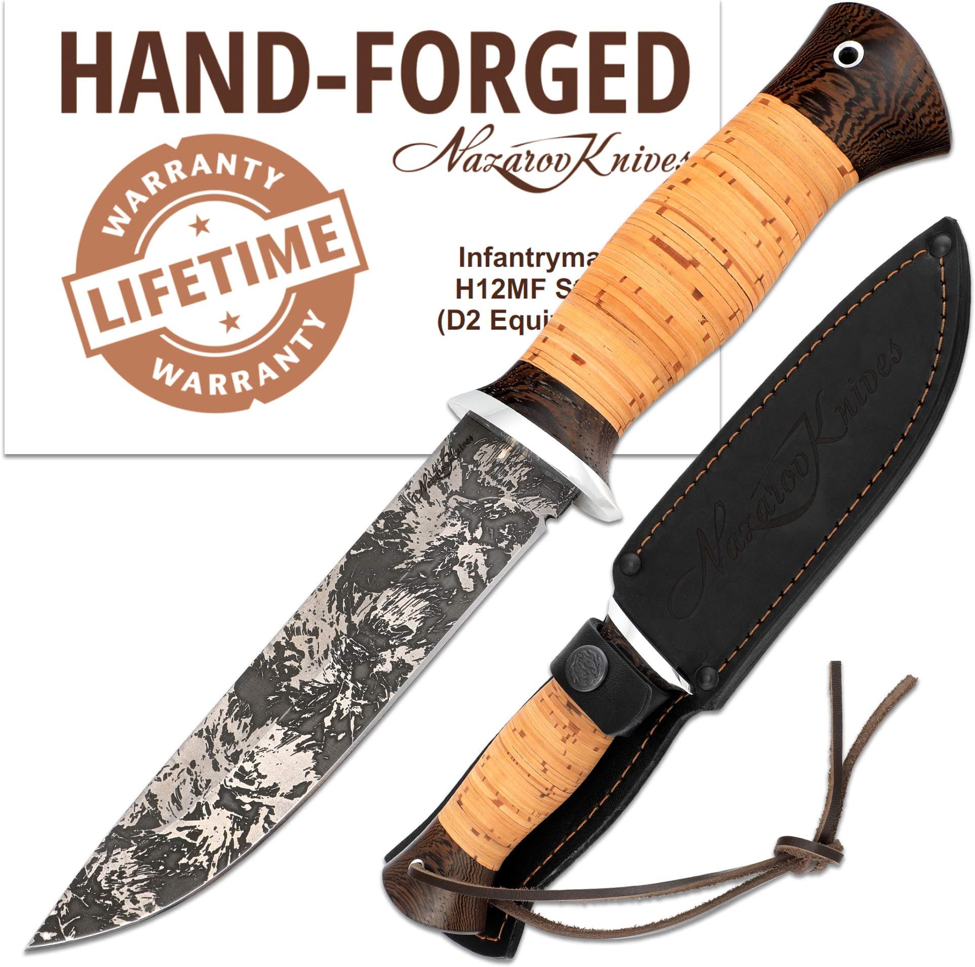 Nazarov Knives D2 Steel Knife - Fixed Blade Knives - Frozen Pattern Steel - Birchbark - Infantryman Standard Edition - Leather Sheath, D2 Frozen Pattern & Birchbark