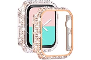 NewWays 2-Pack Bling Cases Compatible for Apple Watch Case 44mm, Fully Paved Diamonds Protective Bumper for iWatch SE Series 6 5 4 (44mm, Rose Gold+Clear)