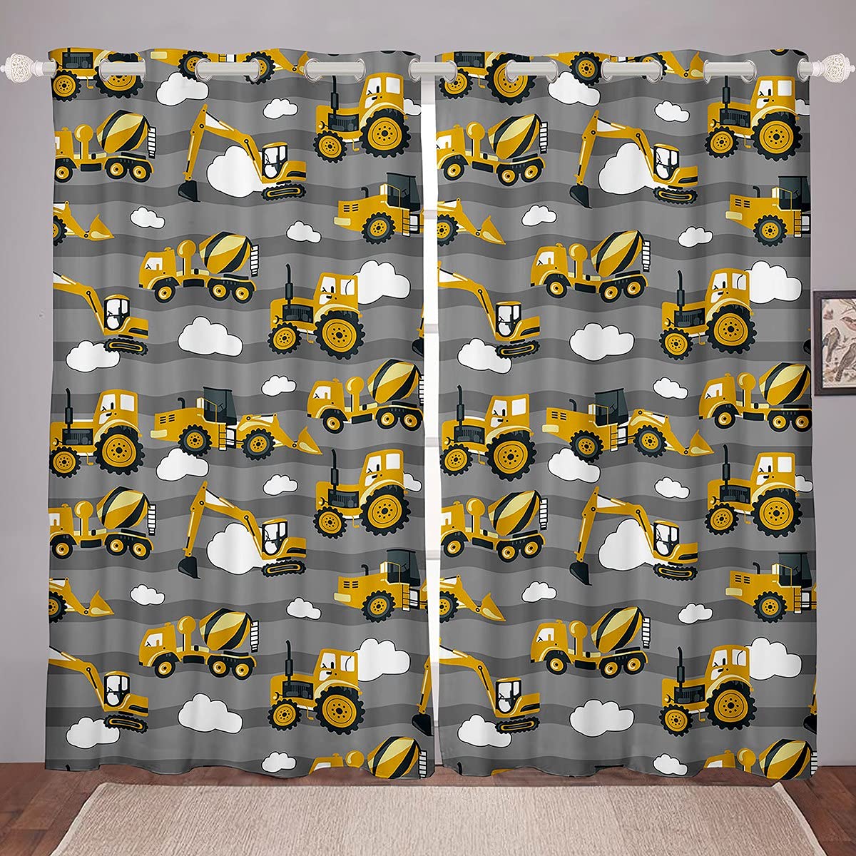 Boys Excavator Cartoon Yellow Truck Crane Window Curtains Mixer Cute Kids Heavy Machinery Decor Curtains Tractor Window Drapes Grey Stripe Clouds Window Treatments for Bedroom W46*L54