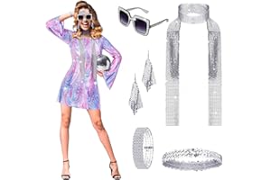 Jeyiour 6 Pcs Disco Women Costume Outfit 70s Sequin Scarf Dress and Accessories Jewelry for Birthday Dance Party