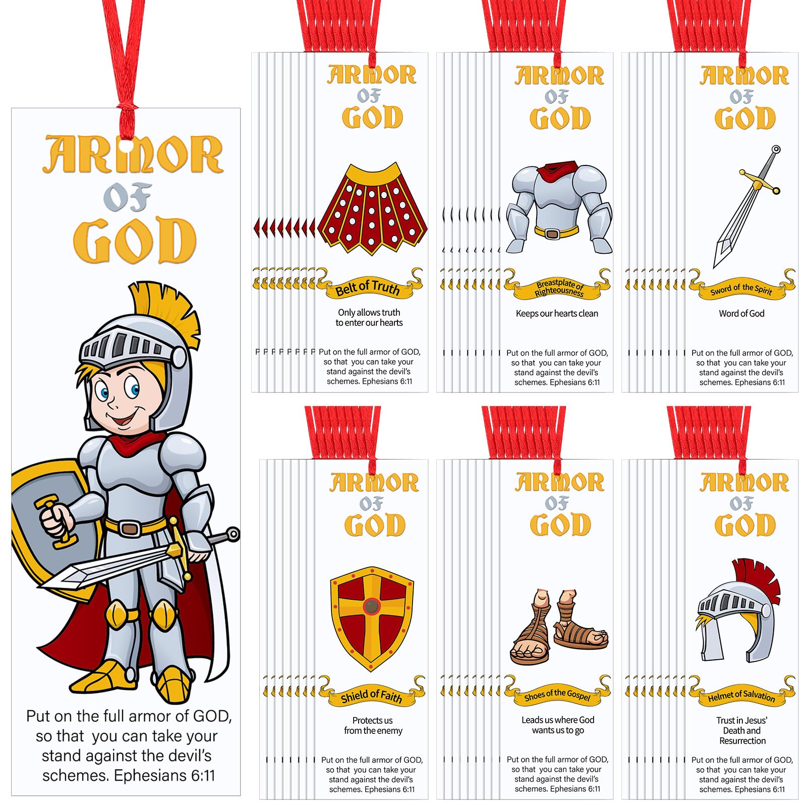 Photo 1 of 120 Pcs Laminated Armor of God Bookmarks The Full Armor of God Religious Bible Bookmarks Knight Scripture with Ribbon for Kids Sunday School Goodie Bag Fillers