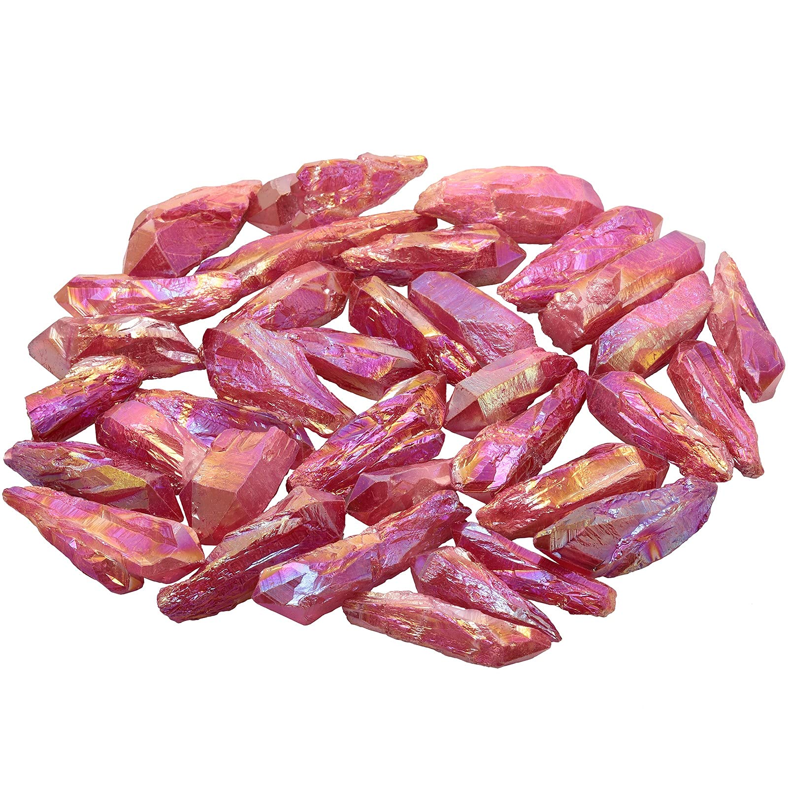 KYEYGWO 1 lb Titanium Coated Raw Rock Crystal Points Bulk Irregular Rough Quartz Stone Wands Kit Without Drilled for Jewellery Making DIY Art Craft, Red