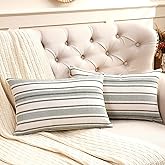 Virexen Beige and Green Striped Lumbar Throw Pillow Covers 12x20 Set of 2 Farmhouse Linen Pillow Cover Textured Boho Decorative Lumbar Pillows Covers for Chair Couch Sofa Bedroom(Cover ONLY)