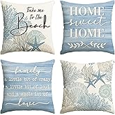 AVOIN colorlife Summer Take Me to The Beach Coral Starfish Throw Pillow Covers, 20 x 20 Inch Home Sweet Home Motto Blue Cushion Case for Sofa Couch Set of 4