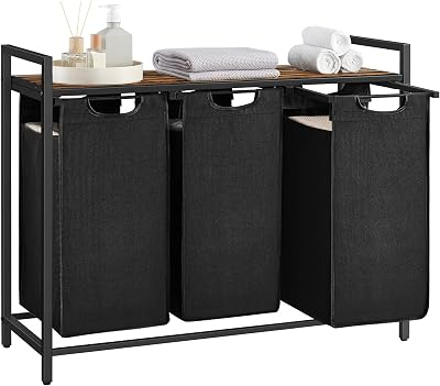 VASAGLE 3-Compartment Laundry Hamper with Shelf 120 L Black Brown BLH301B01