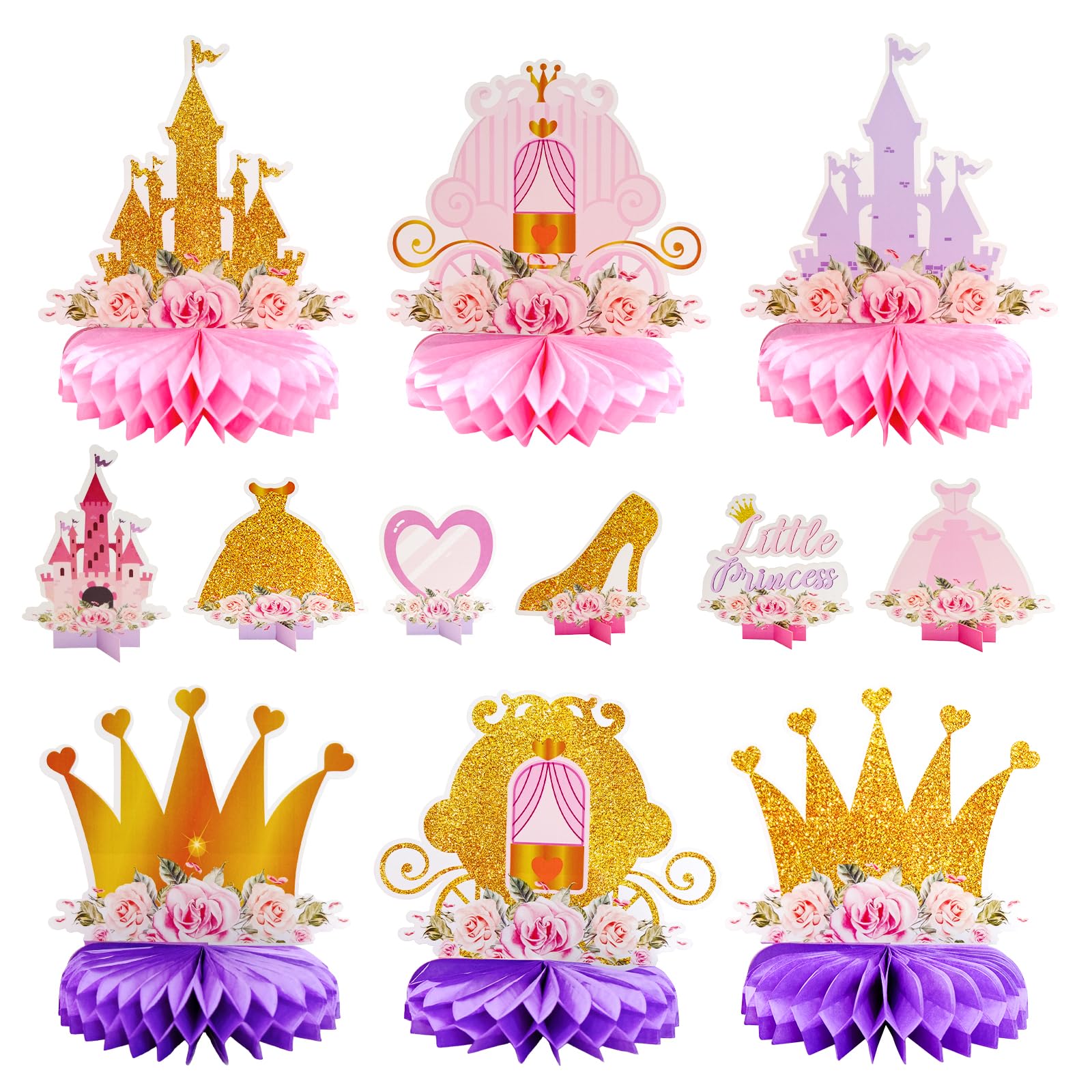 Photo 1 of 12 PCS Princess Party Honeycomb Centerpieces Decorations, Pink and Gold Party Table Topper Centerpieces for Girls Birthday Christmas Party (Princess Set)