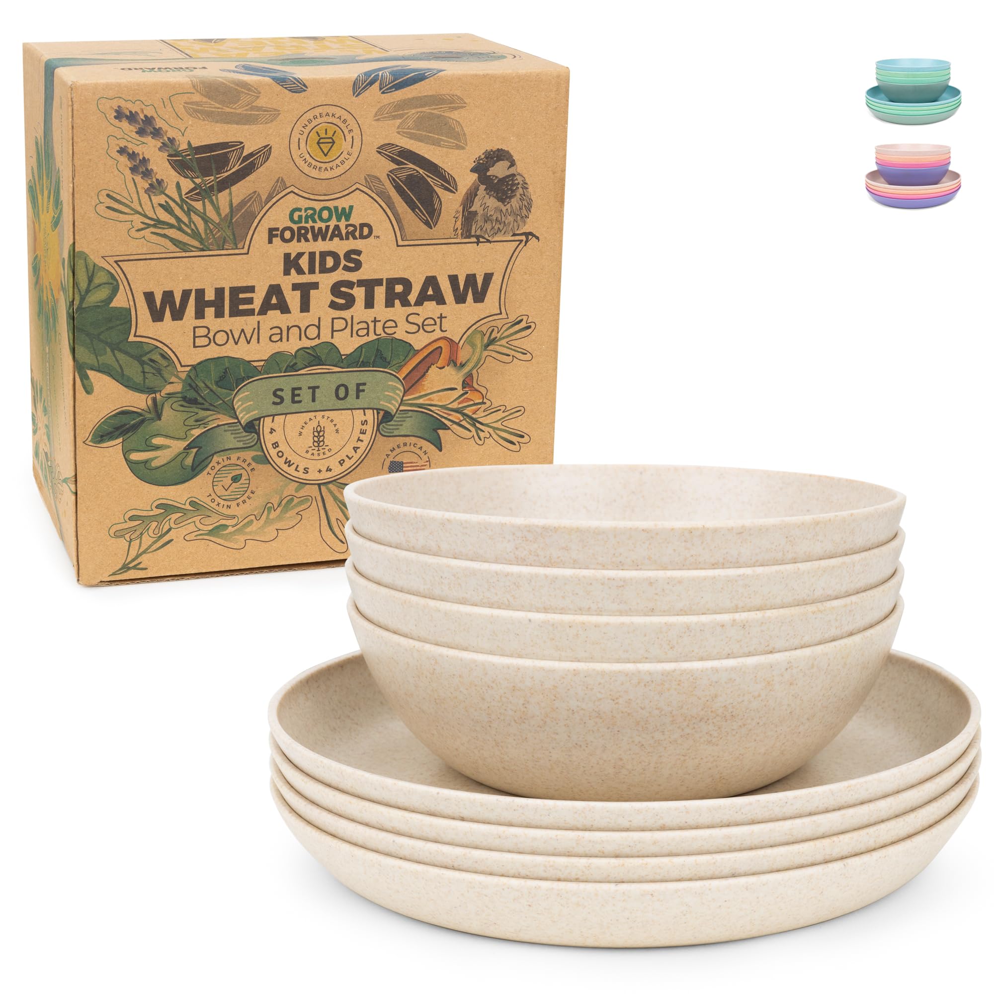 Photo 1 of Grow Forward Wheat Straw Kids Plates and Bowls Sets - 8-Piece Unbreakable Dishwasher & Microwave Safe Plastic Plates for Kids - Reusable Non Toxic BPA-Free Dinnerware for Children - Sahara