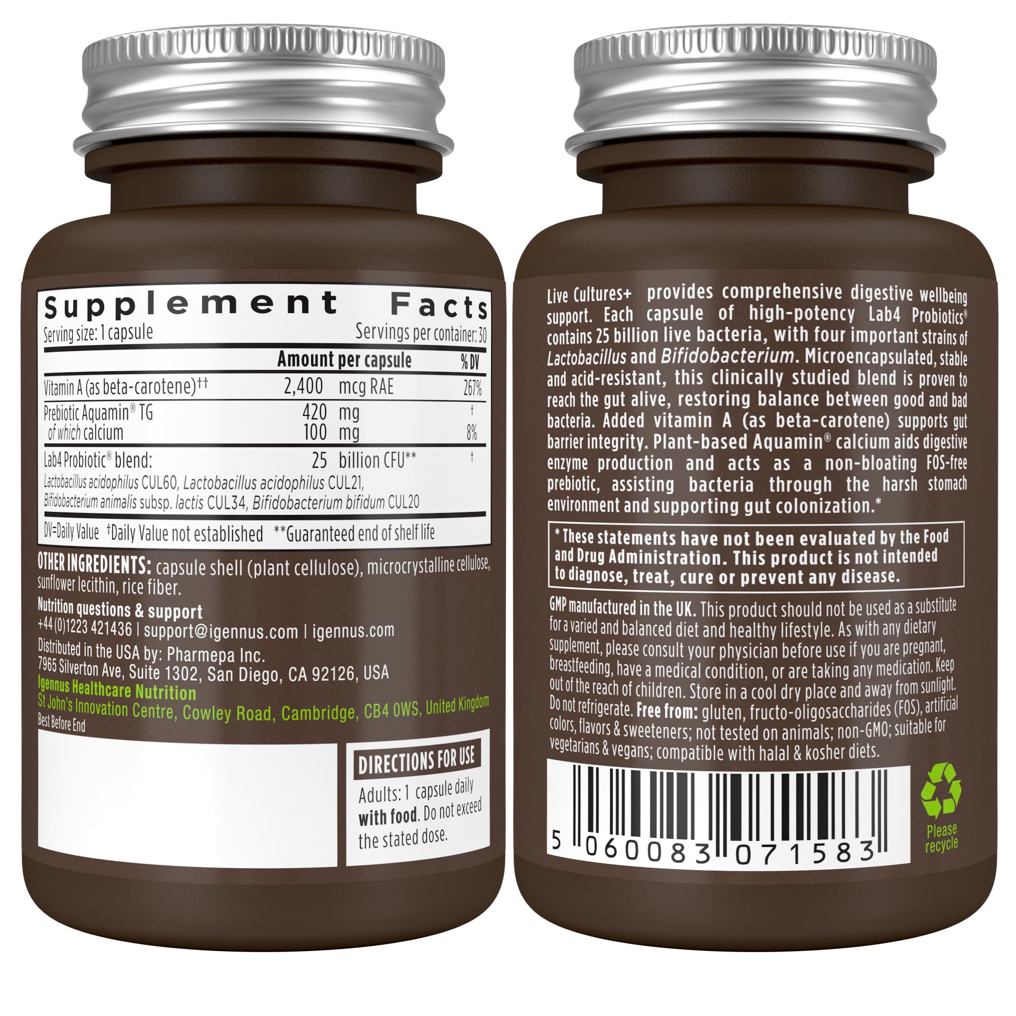 Igennus Probiotics & Prebiotic, Lactobacillus Acidophilus & Bifidobacterium, Gut Health Support, Live Cultures+ Lab4, Guaranteed 25 Billion CFU, for Women & Men, Non-Bloating, Non-GMO, 30 Capsules