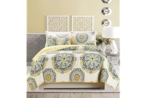 GrandLinen 3-Piece Fine Printed Oversize (100" X 95") Quilt Set Reversible Bedspread Coverlet Queen Size Bed Cover (Yellow, White, Black, Grey Scroll)