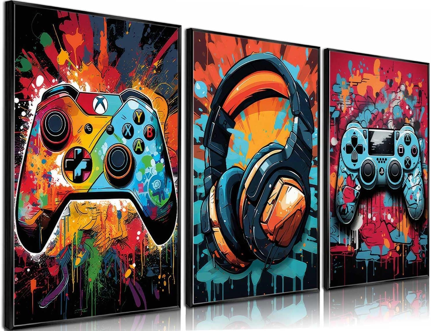 Wall Décor - 3Pcs Cool Gaming Wall Art Retro Video Game watercolor Posters Pictures Colorful Neon Gamepad Canvas Painting Prints for Boys Room Kids Game Room Bedroom for Boys Home Decoration 12x16in Unframed