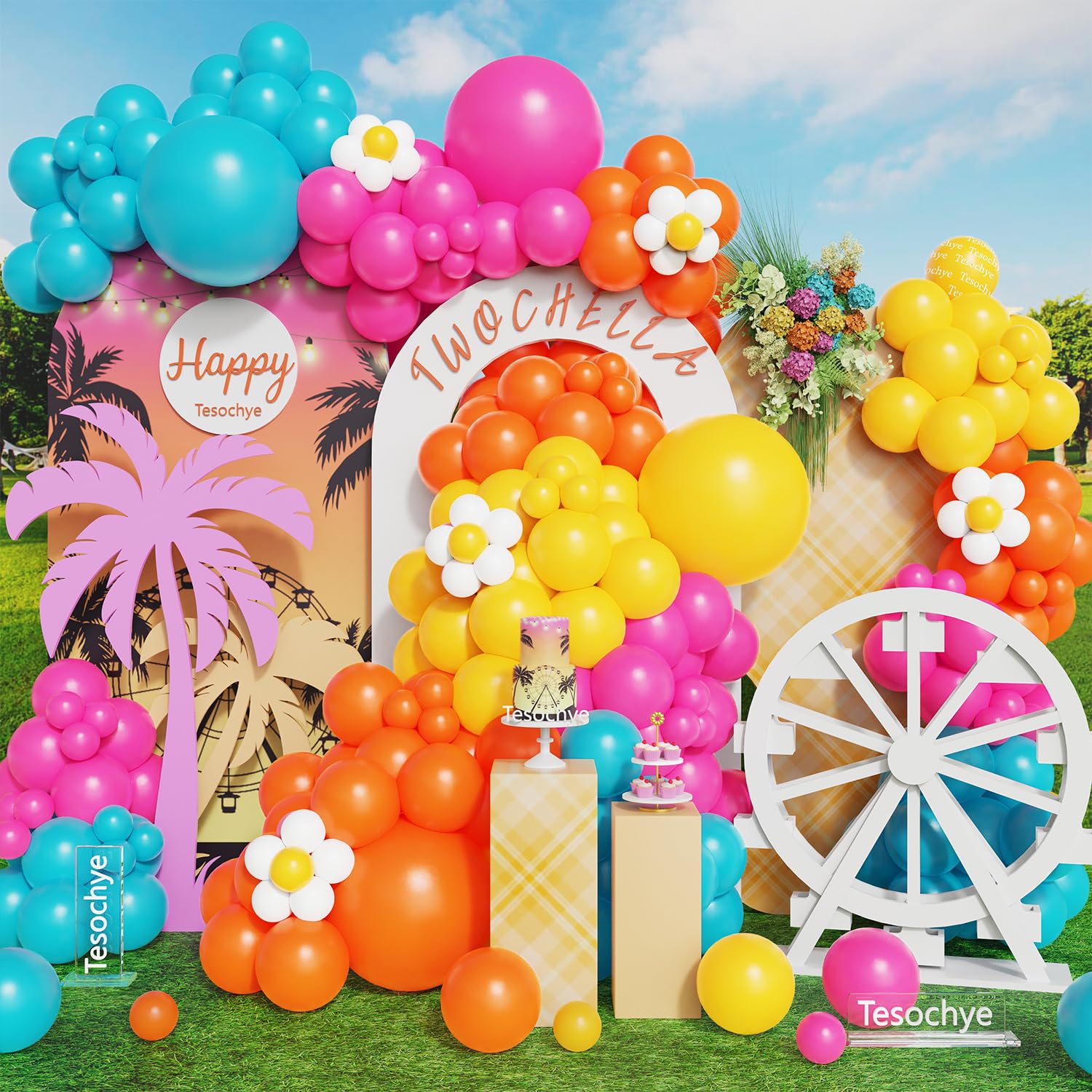 Photo 1 of 172Pcs Summer Tropical Balloon Arch Garland Kit,Hot Pink Yellow Orange Lake Blue Rainbow Balloon for Hawaiian Luau Birthday Baby Shower Summer Pool Party Music Festival Theme Party Decorations