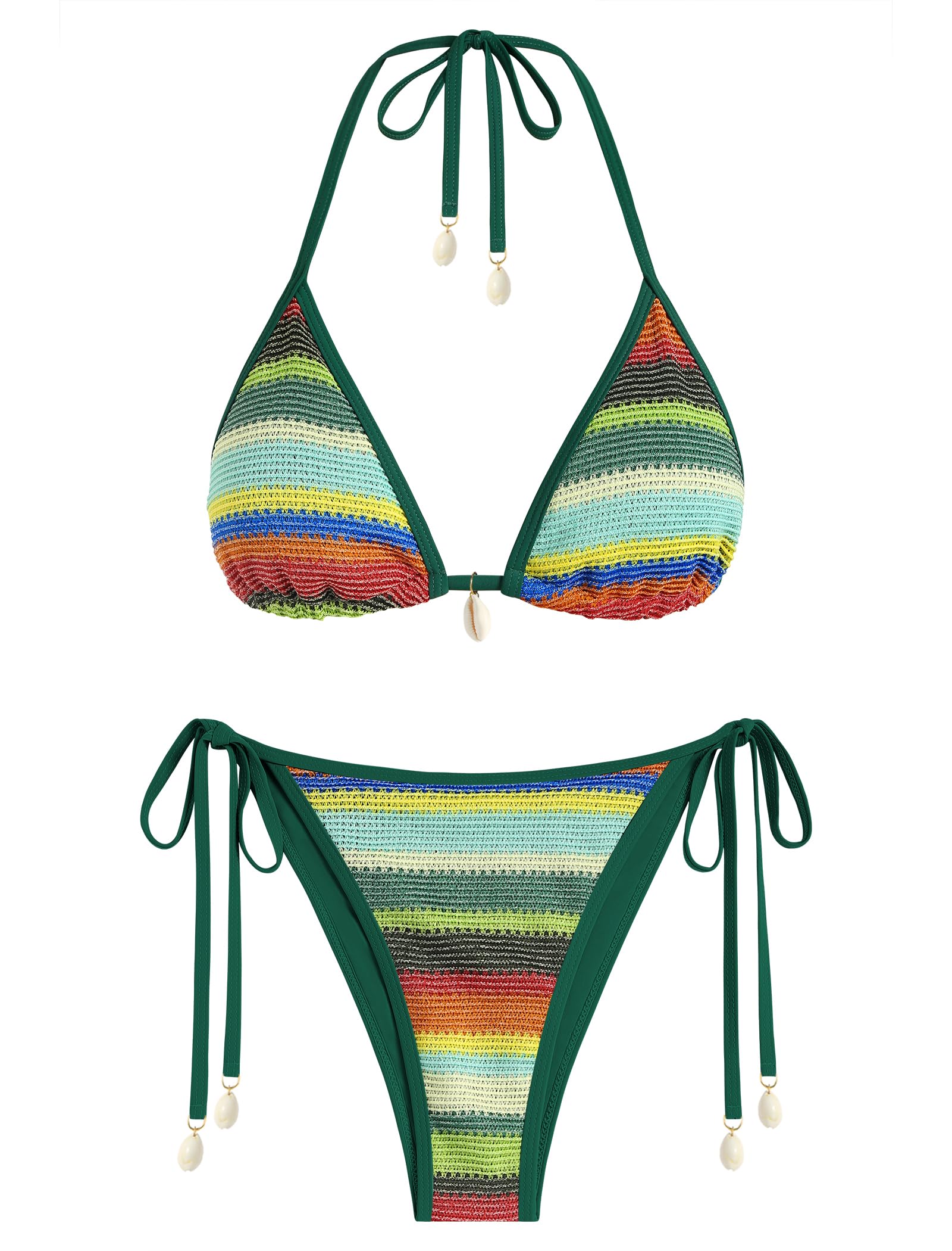 Photo 1 of ZAFUL Women's Colorblock Stripes Triangle Halter Tied Cheeky Thong Bikini Set High Cut Two Piece Bathing Suit (2-Deep Green, S)