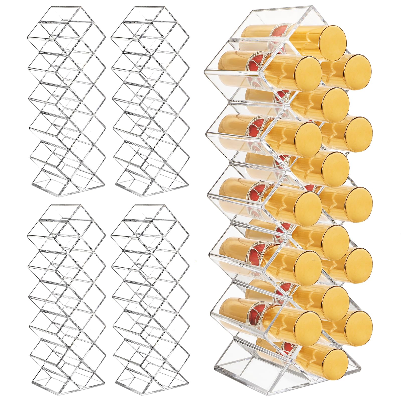 Cedilis 4 Pack Acrylic Lipstick Holder Organizer, 64 Slot Clear Lip Gloss Storage, Fish Shape Lipstick Display Stand Tower for Cosmetic Makeup and Dresser Display