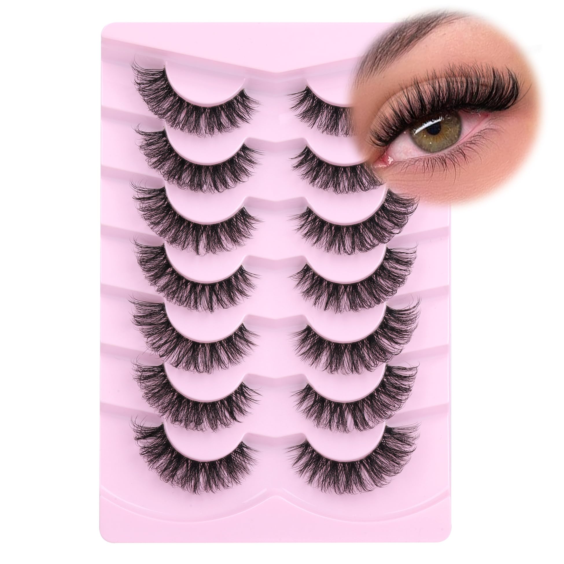 Mavphnee Natural Look Wispy D Curl False Eyelashes Cat Eye Fake Lashes Strips 7 Pairs Clear Band Fluffy False Lashes Pack — image 1