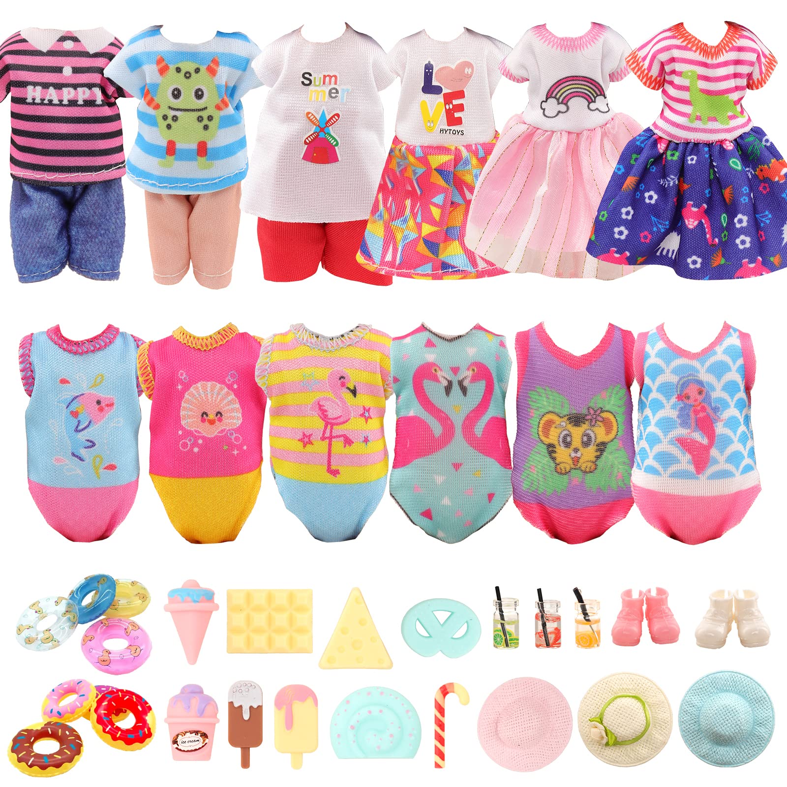 Miunana 22 Pcs Doll Summer Clothes and Accessories Including 3 Sets Random Fashion Outfits 3 Pcs Swimsuit Swimming Ring Mini Doll Shoes and Mini Doll Straw Hats for 5.3 Inch Doll