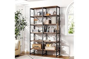 oneinmil Double Wide 6-Tier Bookcase, Industrial Bookshelf with Metal Frame, Open Large Book Shelf, Wood and Tall Display Shelves for Home and Office, Rustic Brown and Black