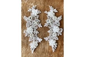 Zbroh Fine Lace Fabric Patches Embroidered Rhinestones Trim Applique Decor Dress Decoration sew on Sequins Beads Accessory one Pair (White+Silver)