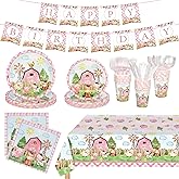 171 PCS Farm Animals Party Supplies, Disposable Pink Plates Napkins Cups Farm Tablecloth Banner, Pink Farm Tableware Set for Animal Theme Birthday Party Baby Shower Thanksgiving Xmas Decor, Serves 24