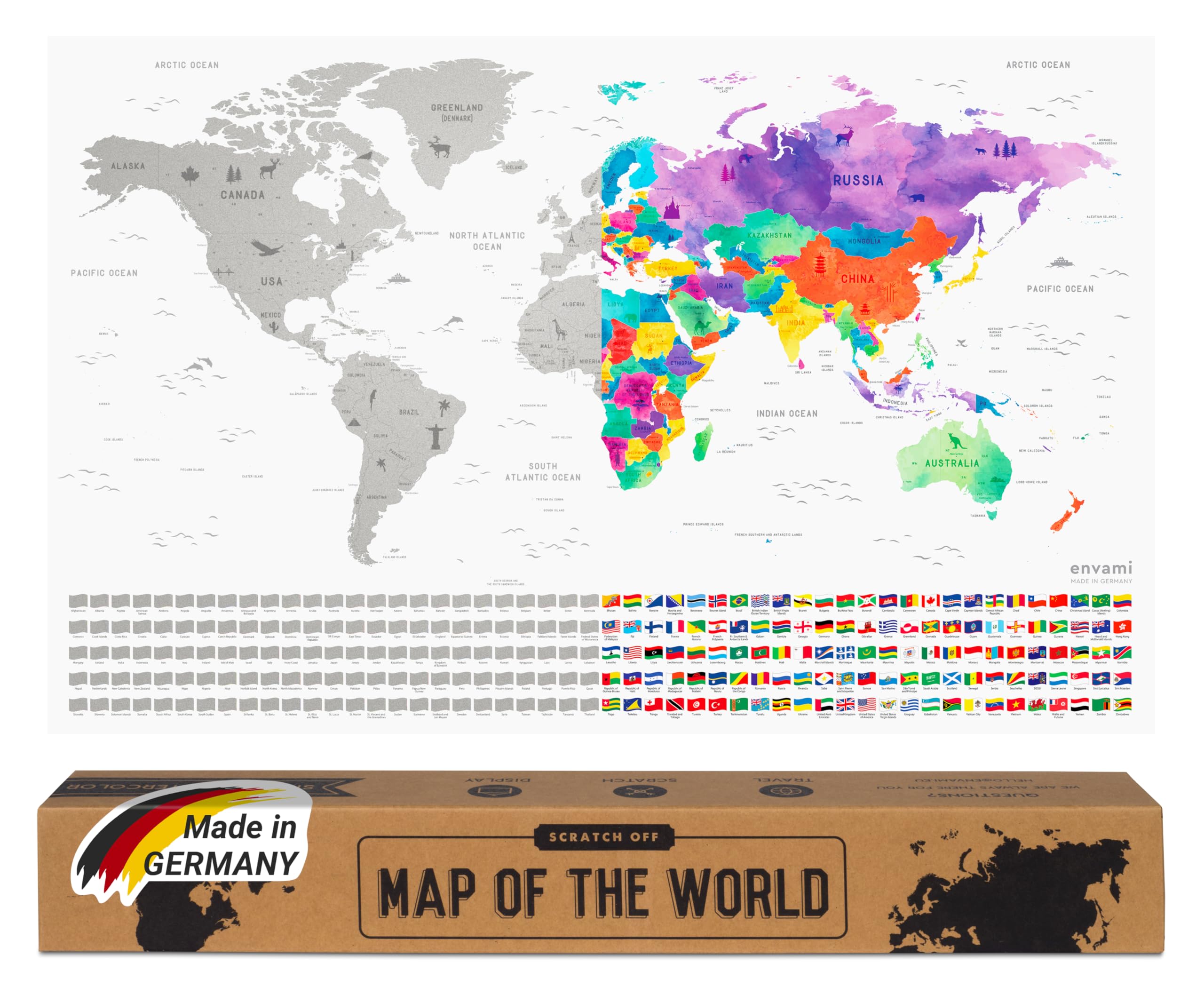 Envami Scratch Off World Map - Premium Metallic Silver - Gift for Travellers - Made in Germany - 43cm x 68cm with 250 Flags of The World and U.S. States - Ideal Travel Tracker