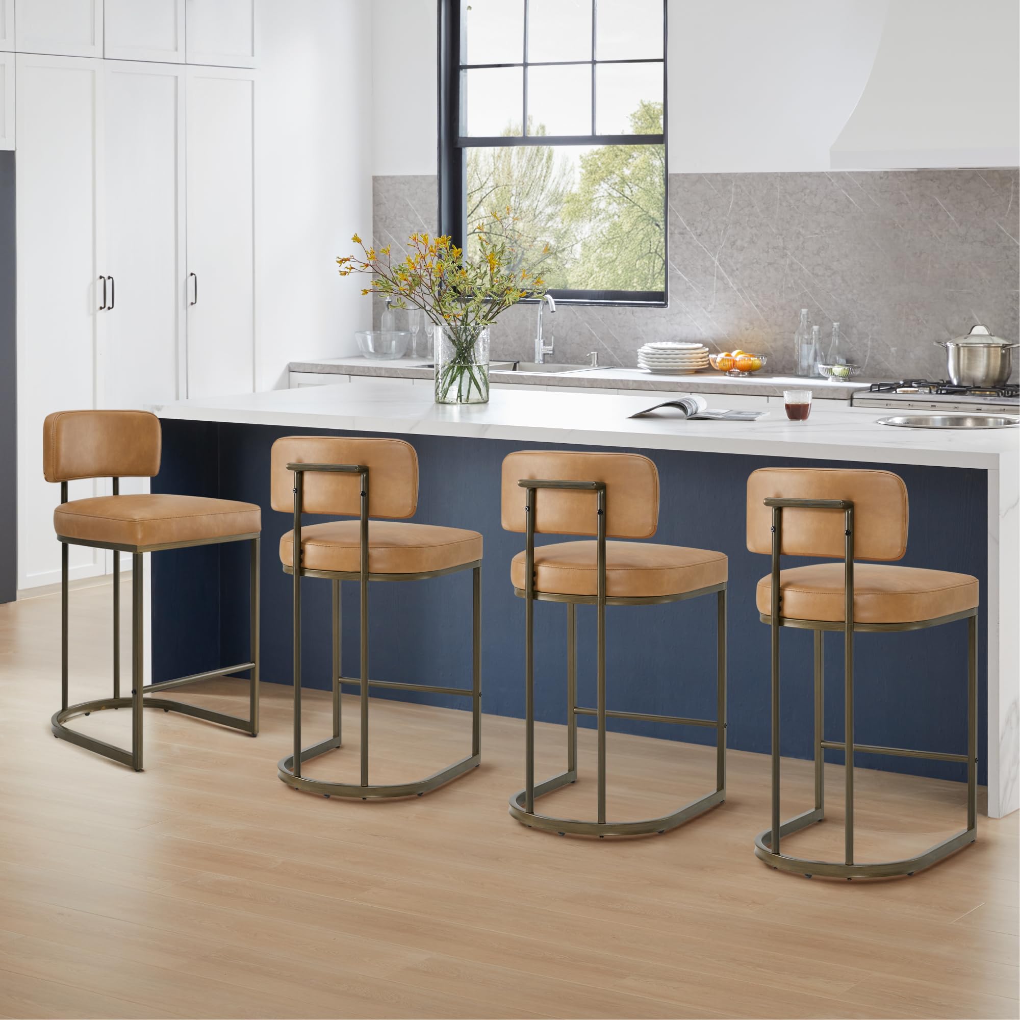 Photo 1 of **PARTIAL SET ONLY 2 ** 26" H Counter Height Bar Stools Set of 4, Modern Faux Leather Upholstered Barstools with Backrest for Kitchen Island, Gold Metal Frames, Brown