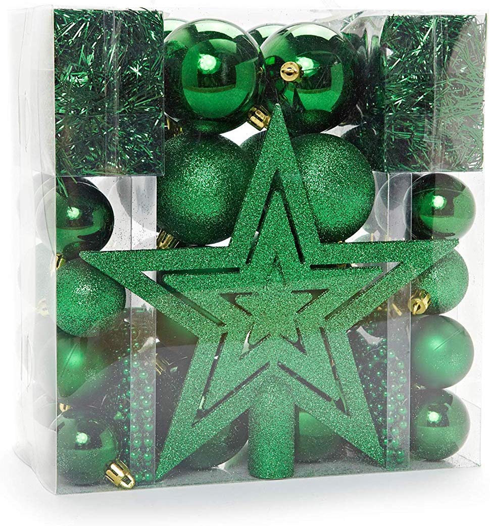 HEITMANN DECO Christmas Tree Decoration, Green, 45 Pieces, set including tree topper, balls, pearl chains and garlands - plastic