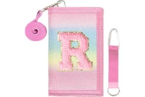 SiorVeol Girls Wallet for Kids Initial Glitter Wallets Trifold with Zipper and Card Slots Including Neck Lanyard and Hanging Strap, Rainbow with Stripes, R