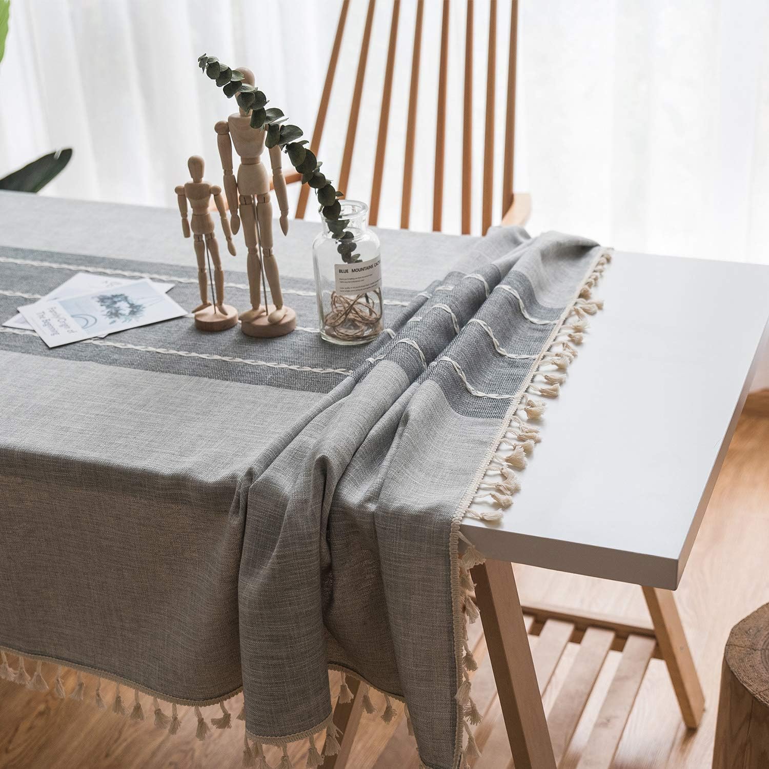 Mokani Washable Cotton Linen Stitching Tassel Design Tablecloth, Rectangle Table Cover Great for Kitchen Dinning Tabletop Buffet Decoration (55 x 70 Inch, Gray): Kitchen & Dining