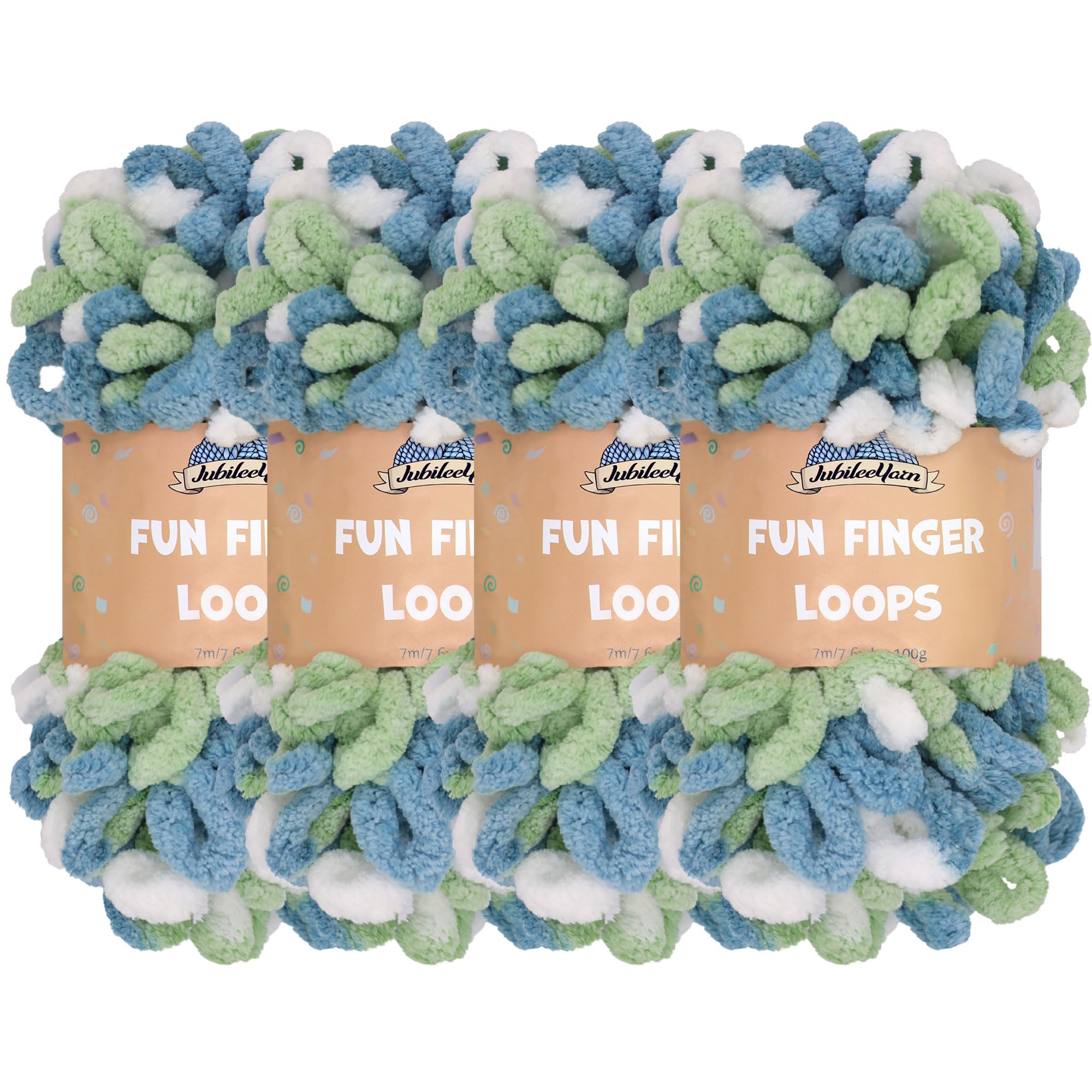 JubileeYarn Fun Finger Loops Yarn - Polyester Jumbo Weight Loop Yarn - 100g/Skein - Multicolour Blue Green - 4 Skeins