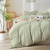 mixinni Striped Comforter Set Queen Size - Green White Stripes Pattern Bed Set for All Season, 3 Pieces Lightweight Bedding Comforter Sets for All Seasons (1 Soft Fluffy Comforter + 2 Pillowcases)