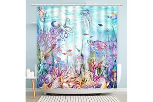 CUTEBRICASE Blue Ocean Seaworld Shower Curtain, Marine Life Shower Curtain Beach Turtle Octopus Sea Horse Coral Star Conch Fish Summer Shower Curtain Set Washable Home Office Decor Bath Curtain