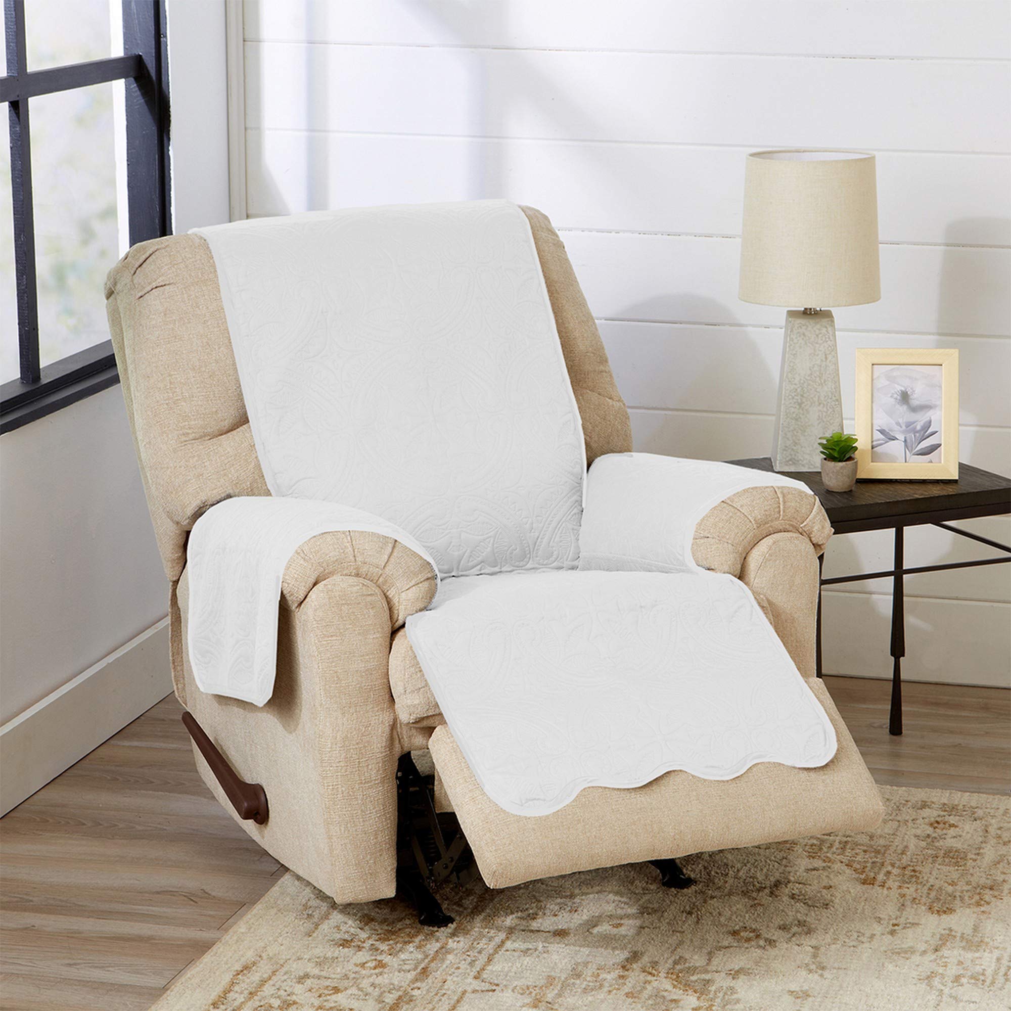 Photo 1 of Great Bay Home Medallion Stitched Solid Furniture Protector Stain Resistant Durable Furniture Protector Elenor Collection (Recliner, White/Sand)