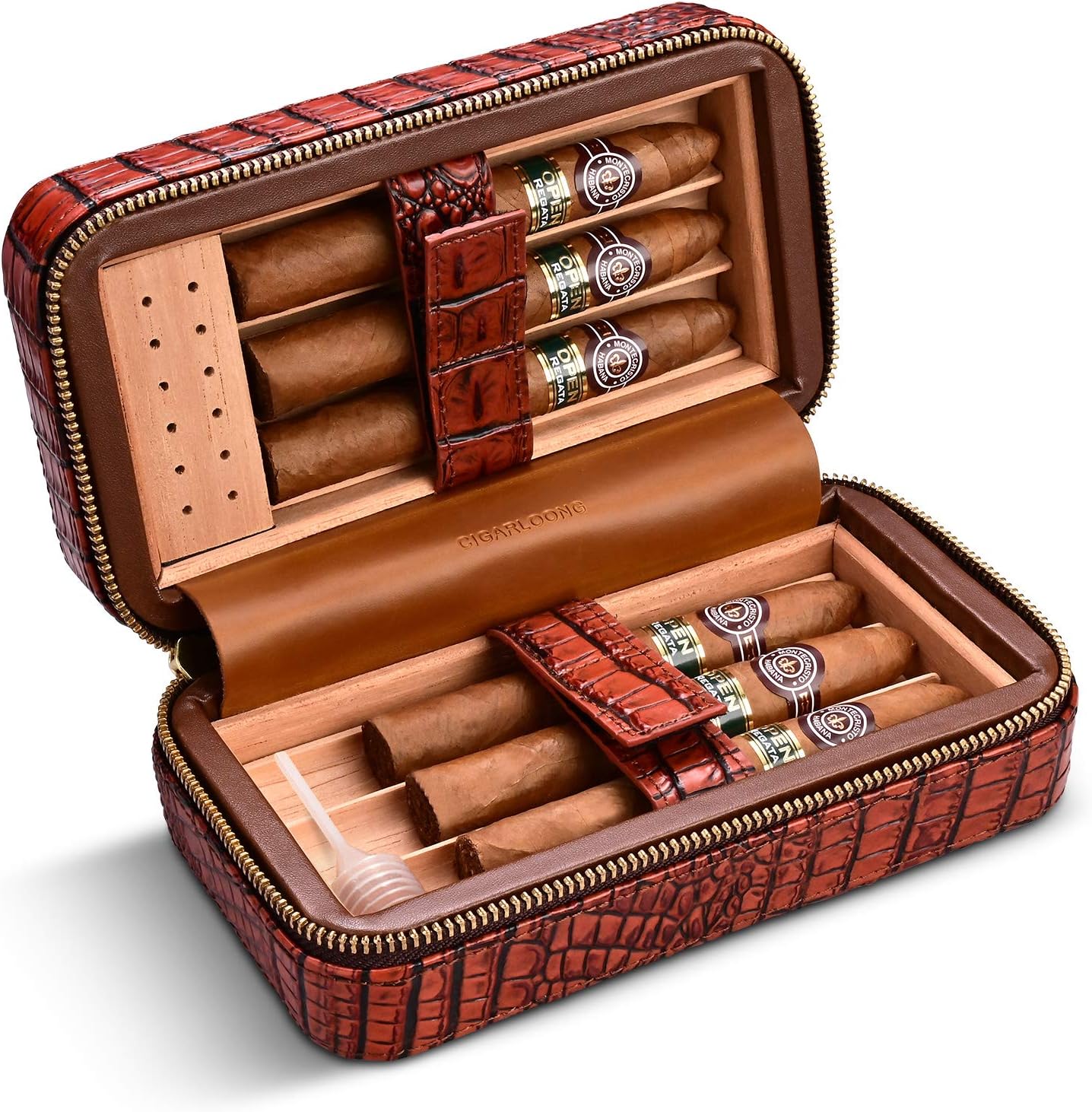 CIGARLOONG Cigar Humidor Cherry Leather Travel Case Builtin Removable