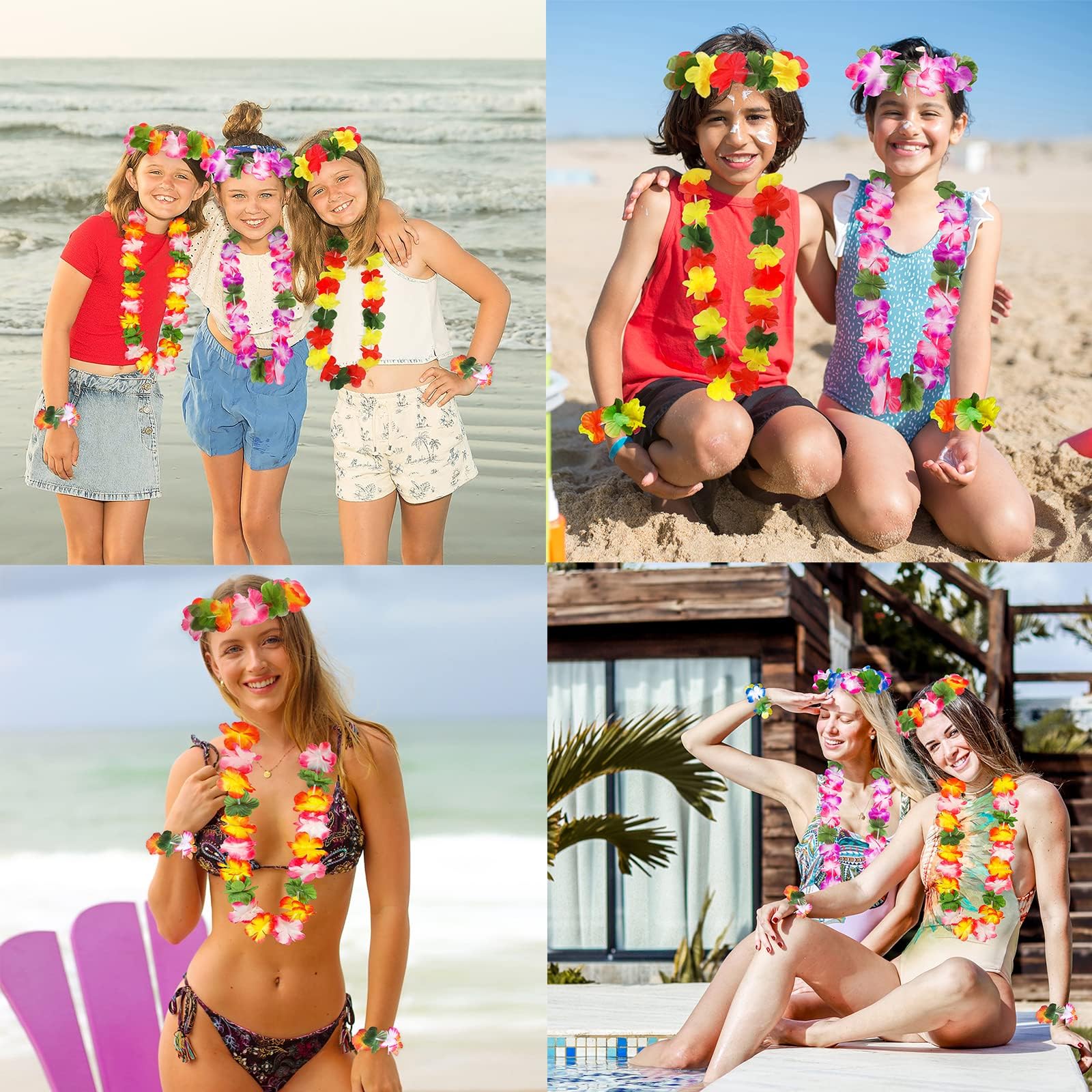 jollylife 60PCS Hawaiian Luau Leis Necklaces Bracelets Headbands Tropical Hibiscus Flowers Tiki Summer Pool Party Favors Supplies Decorations