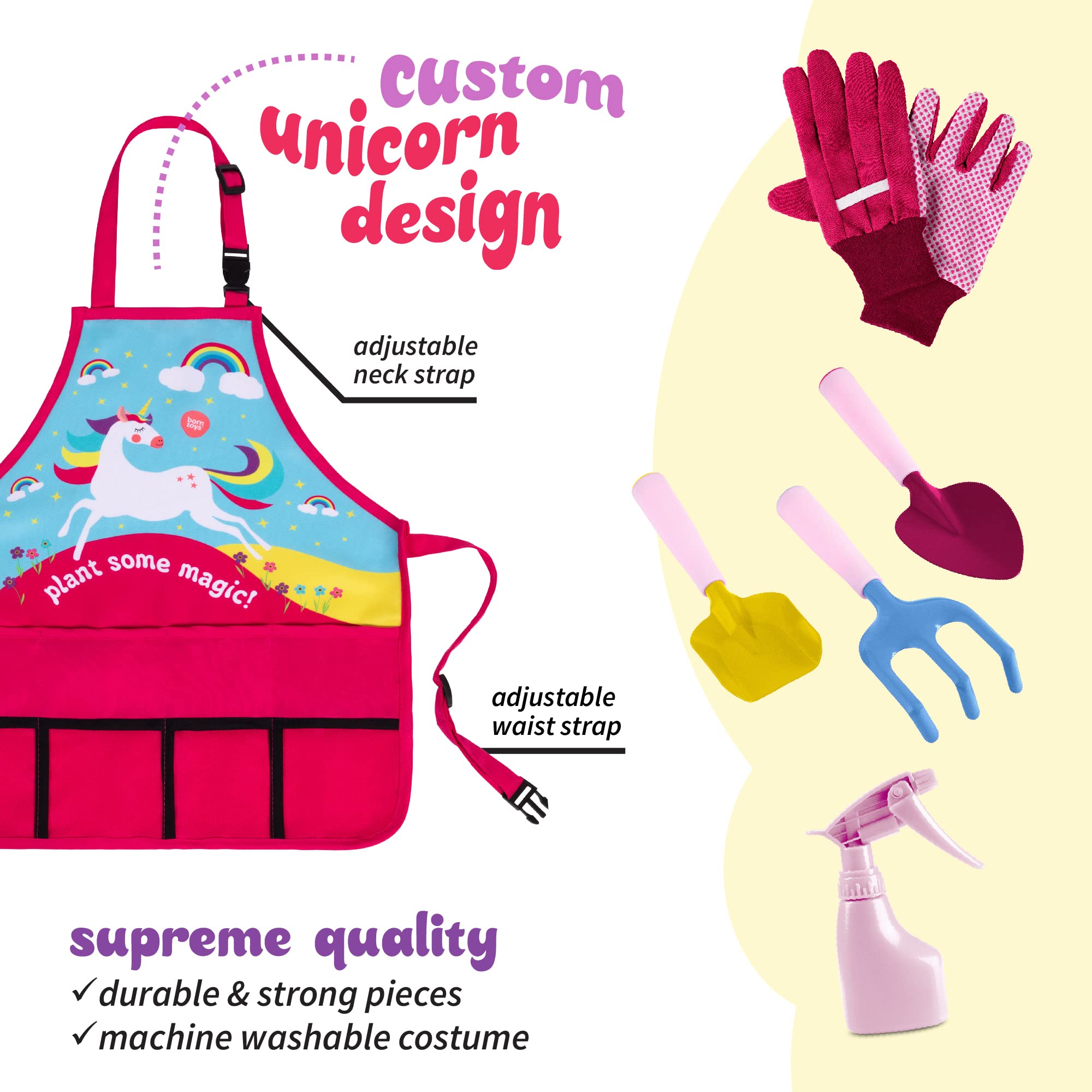 Born Toys Unicorn Kids Gardening Set for Ages 3 & Up, Includes Apron, Sun Hat, Gloves, Shovel - 11pcs Girls Gardening Kit (Pink)