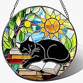 Stained Glass Window Hanging, 8 Inch Black Cat on Book Stained Glass Suncatcher, Window Decor Hanging, Cat Lover Gifts, Reading Decor, Bookish Gift, Librarian Gift, Book Lover Gifts