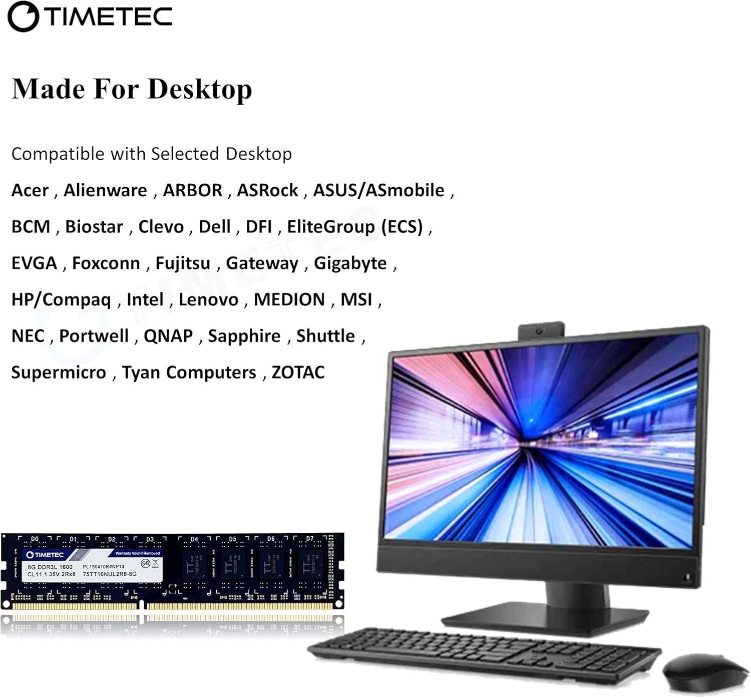 Timetec 8GB DDR3L / DDR3 1600MHz (DDR3L-1600) PC3L-12800 / PC3-12800 (PC3-12800U) Non-ECC Unbuffered 1.35V / 1.5V CL11 2Rx8 Dual Rank 240 Pin UDIMM Desktop PC Computer Memory RAM Module Upgrade - Image 3