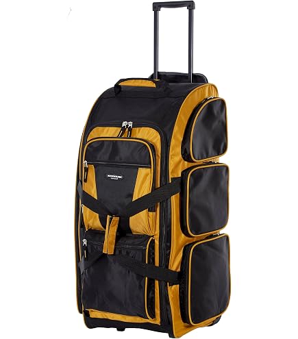 A.SAKS Rolling Trolley Duffel Bag 25-Inch Medium Check-In, Expandable with 2-Wheels and Telescoping Handle for Easy Traveling, Lightweight and Durable, Black with Red Details