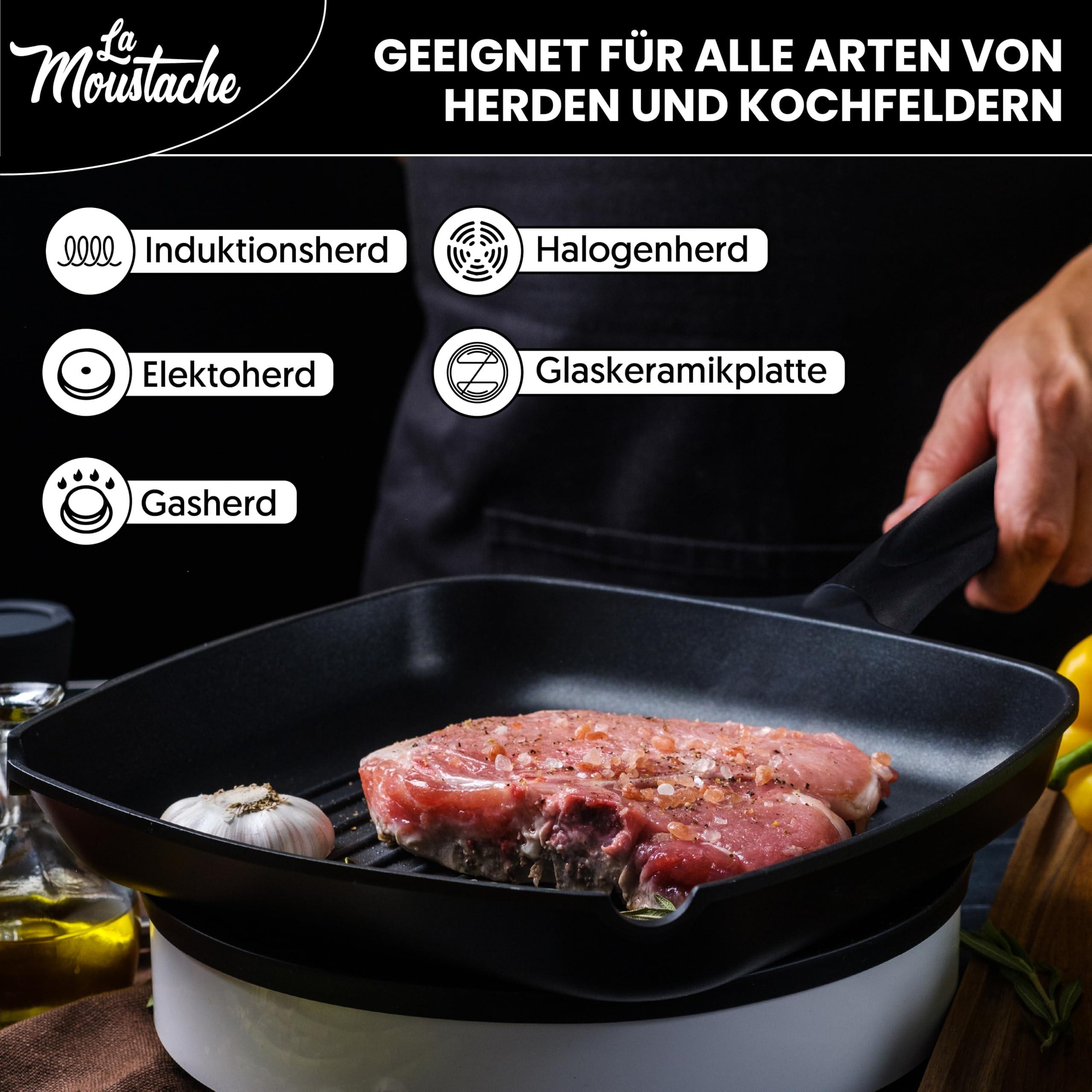 La Moustache - Grillpfanne 28 cm mit Glasdeckel, Quadratische Pfanne PFOA-Freie, Optimale Wärmeverteilung, Griddle Pan/Bratpfanne für Halogen, Gas, Elektro, Induktion, Ceran Kochfelder 3